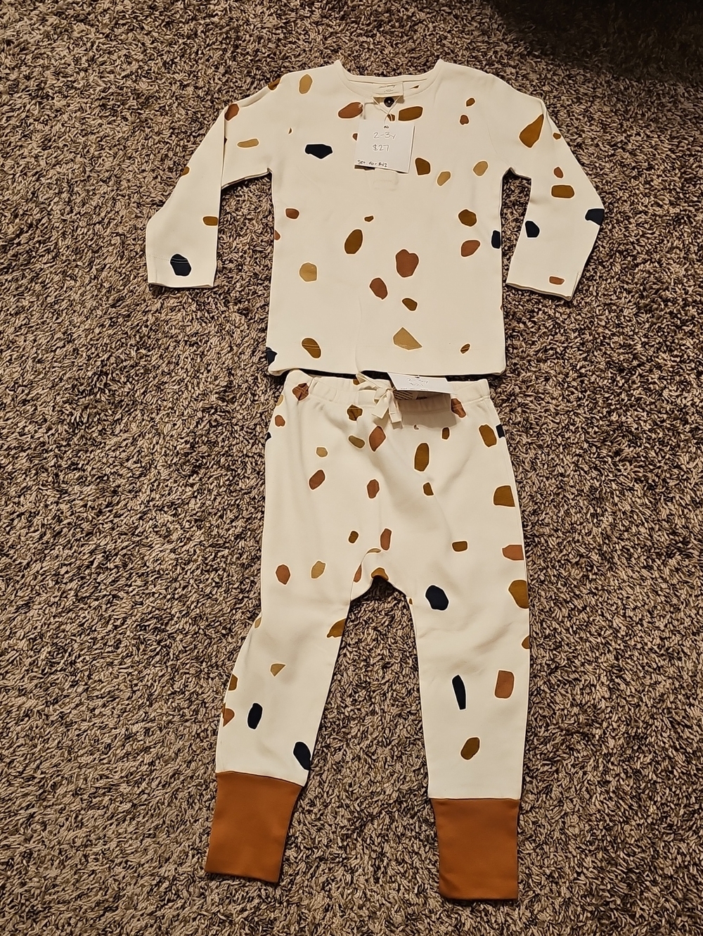 Kids Cream Spot-Print Pajama Set with Brown Cuffs